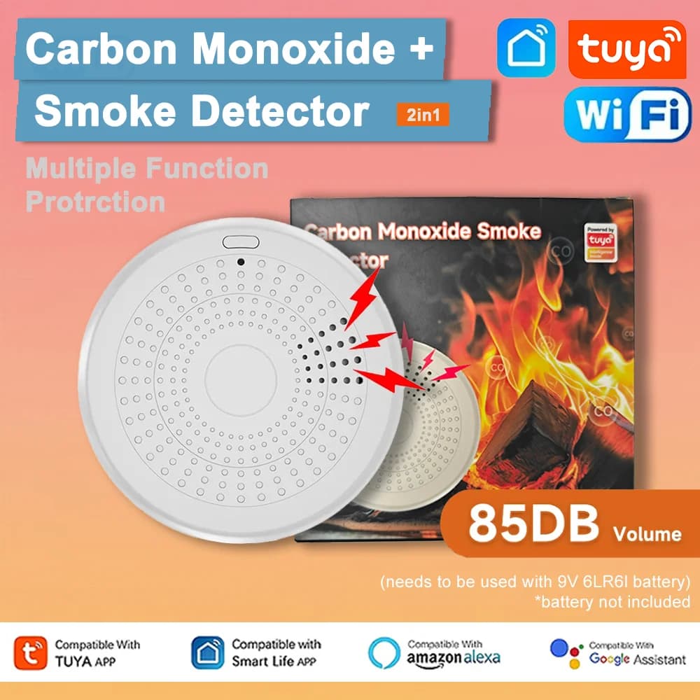 Tuya WiFi Versione 2 in 1 Rilevatore di gas monossido di carbonio Sensore di allarme sonoro antincendio di fumo Rilevatore di fumo e CO intelligente APP Smart Life