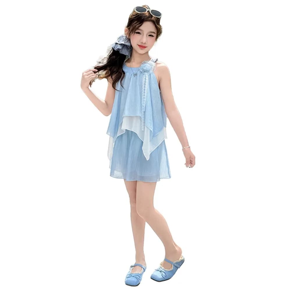 Abito Corto con Fiori 3D e Volant Stile Coreano, Top a Canotta, Vestito da Spiaggia per Bambine, Gonna Blu con Fiori Senza Maniche
