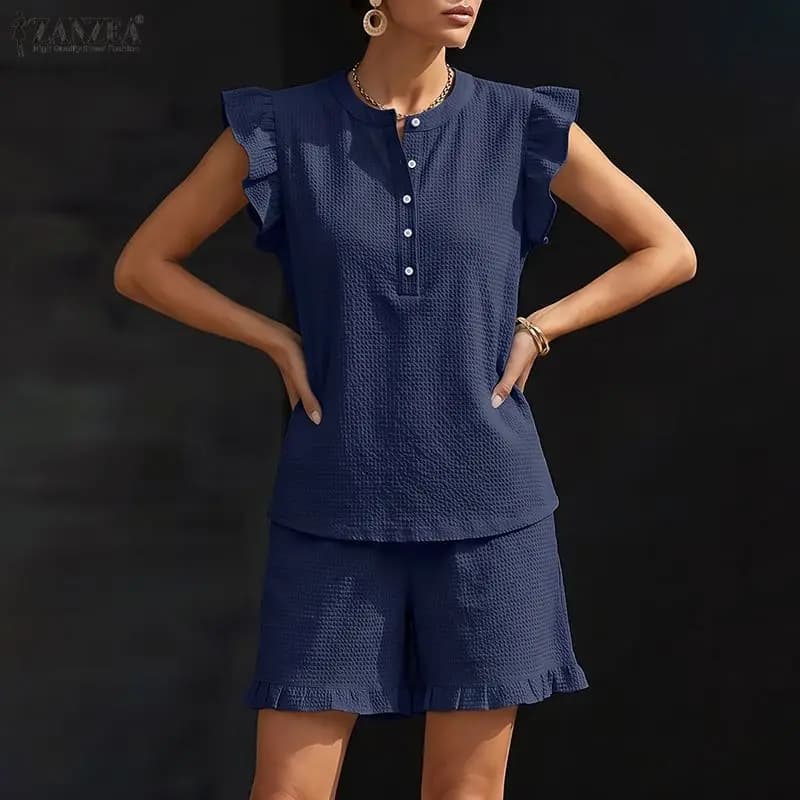 Women's Seersucker Grid Casual Short Sets Ruffles Sleeves Tops & Elastic Waist Shorts 2-Piece Sets ZANZEA Summer Casual Co-ords