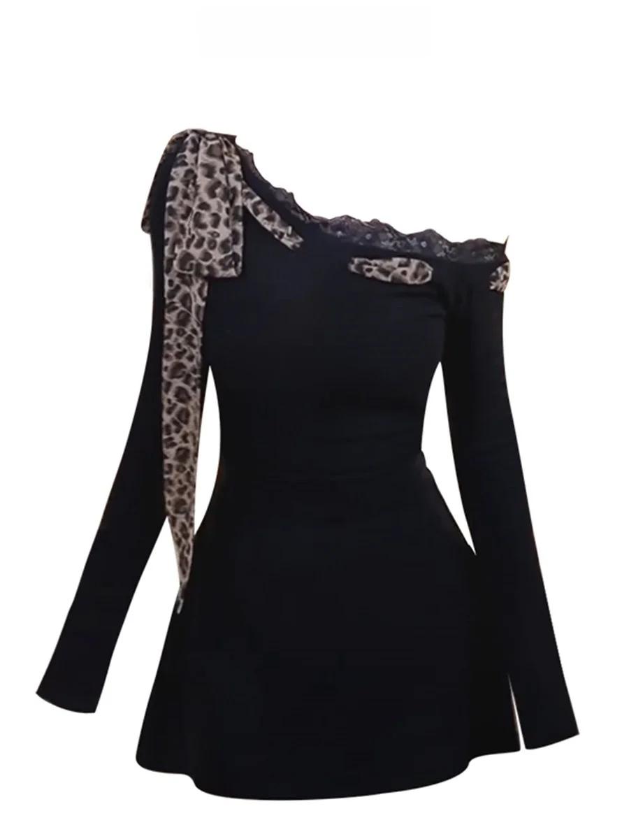 Pure Desire Spicy Girl Long Sleeve Dress Women's Autumn Design Splice Leopard Print Belted Slim Short Skirt Female Fashion