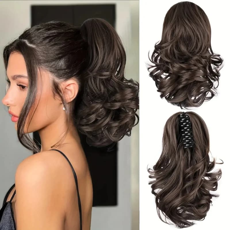 Estensione coda di cavallo con clip ad artiglio - Capelli ricci ondulati castano scuro/nero Estensioni dei capelli sintetici per donne Occasioni quotidiane e speciali