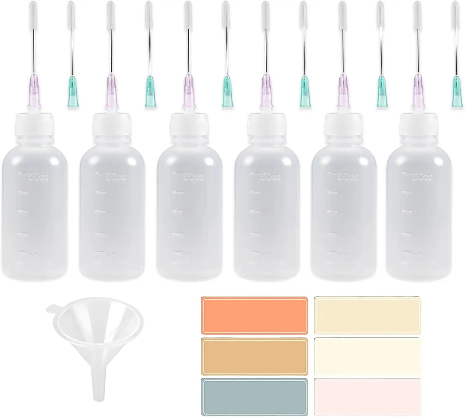 50ml Needle Tip Squeeze Bottle Set LDPE Dispensing Bottles with Funnel & Labels for Oil Glue Paint DIY Craft Lubrication