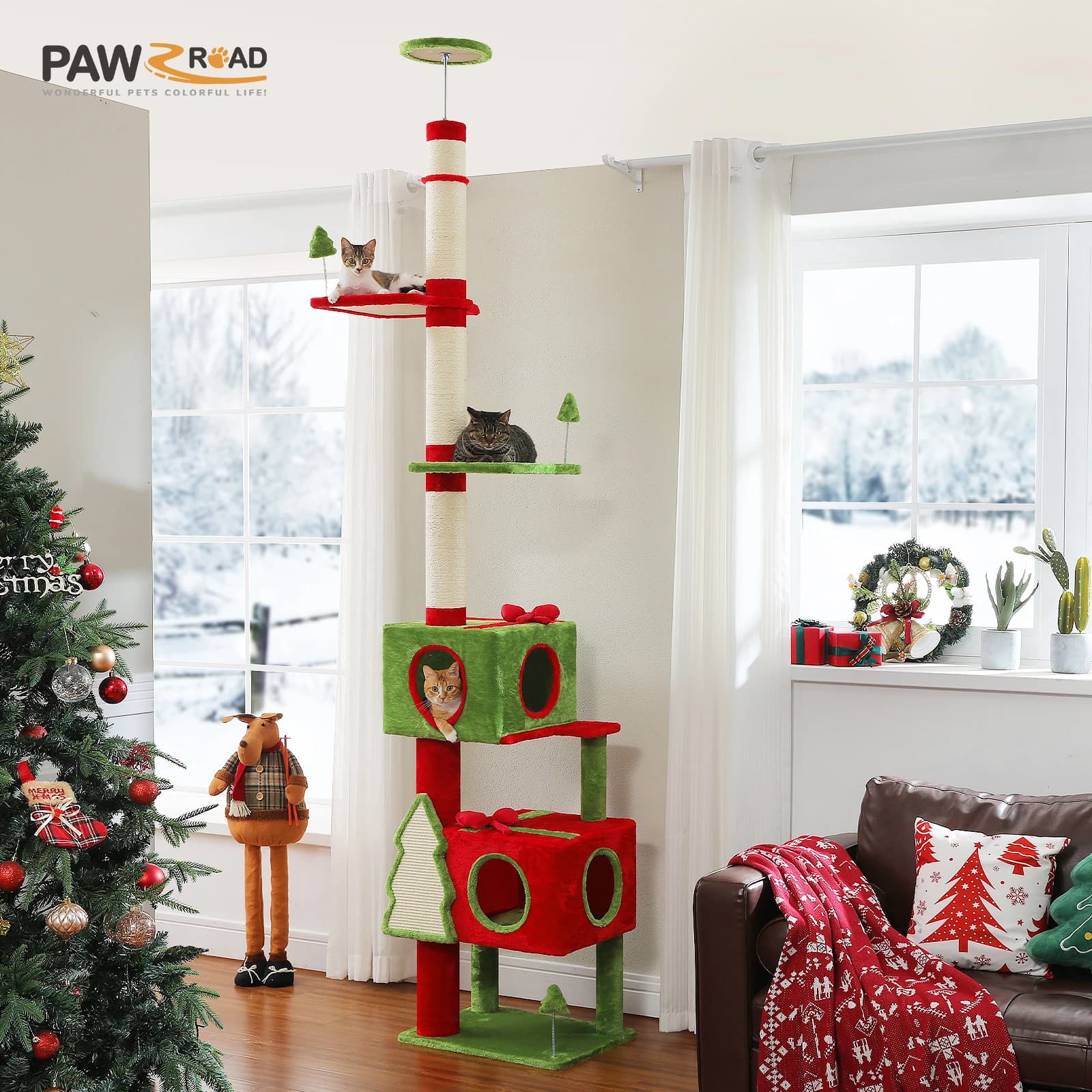 Albero per gatti di Natale dal pavimento al soffitto per interni Torre per gatti alta multilivello con 2 coni spaziali Tiragraffi Arco Giocattoli per gatti