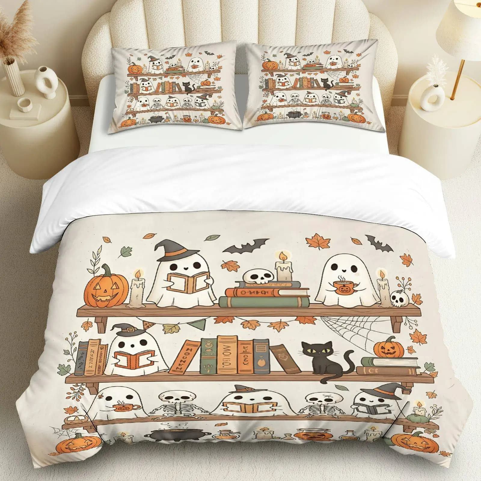 Copripiumino 3 pezzi, 1 piumino + 2 federe (senza imbottitura), design con fantasma e zucca di Halloween, adatto per decorare la camera da letto