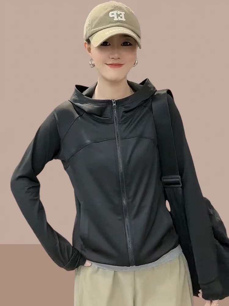 Women's Summer New Ice Silk Thin Outdoor Sun Protection Coat Hooded Zipper Closure Long Sleeve Loose Fit Cotton Casual Jacket
