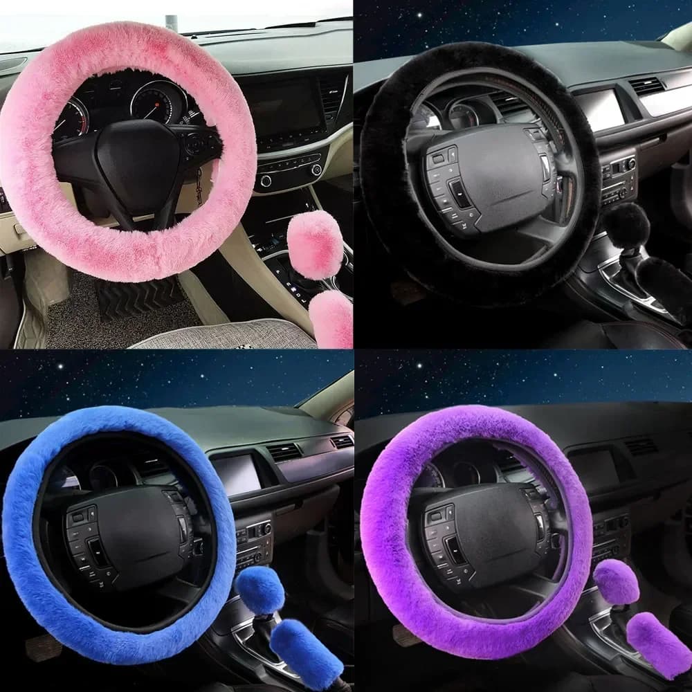 3 pz/set Pelliccia Soffici Spessa Auto Volante Dell'automobile Peluche Copertura di Lana Morbida Inverno Rosa, Blu, Viola, Nero Per 38 cm Volante