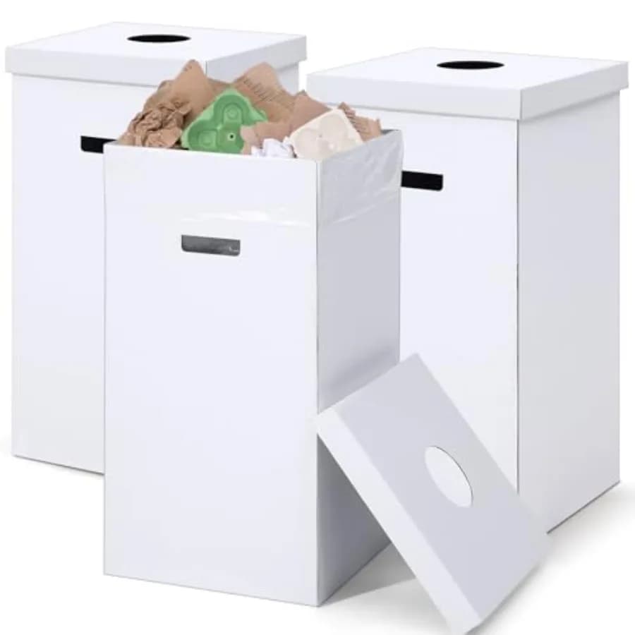 Set di 3 Contenitori per Rifiuti in Cartone con Coperchio, Usa e Getta e Riutilizzabili, Bidoni per Riciclaggio in Cartone Ondulato con Sacchetti per Rifiuti