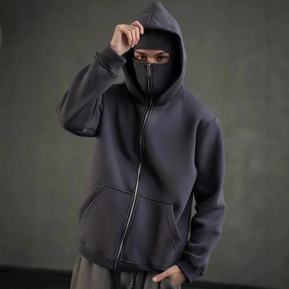 Uomo Hip Hop Doppio Cappello Passamontagna Felpa con cappuccio Antivento Cerniera Maschera Felpa Streetwear Tendenza Autunno Moda Giacca con cappuccio Cappotto