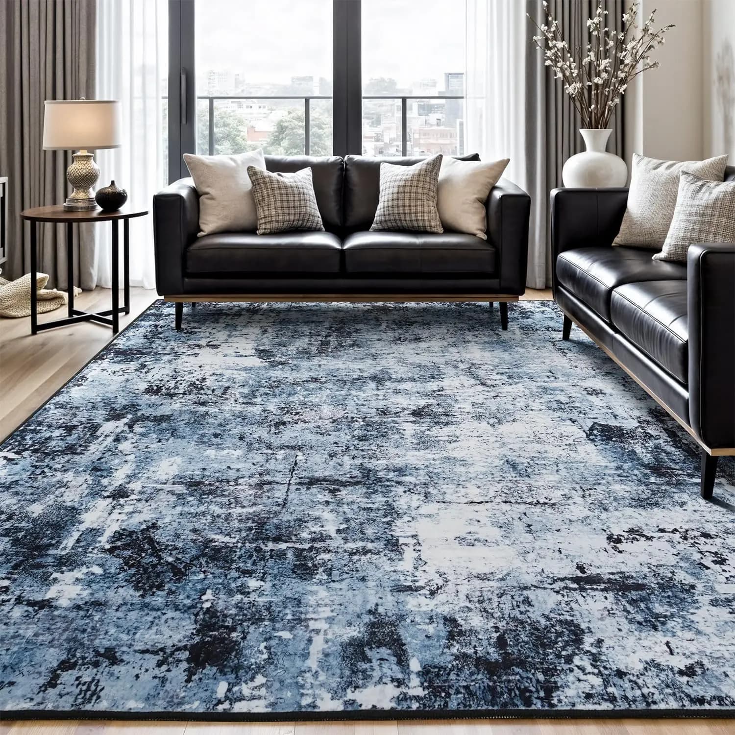 8x10 Washable Area Rug for Living Room, Stain-Resistant Low Pile Modern Carpet, Navy Blue/Black, Non-Slip, Pet & Kid Friendly