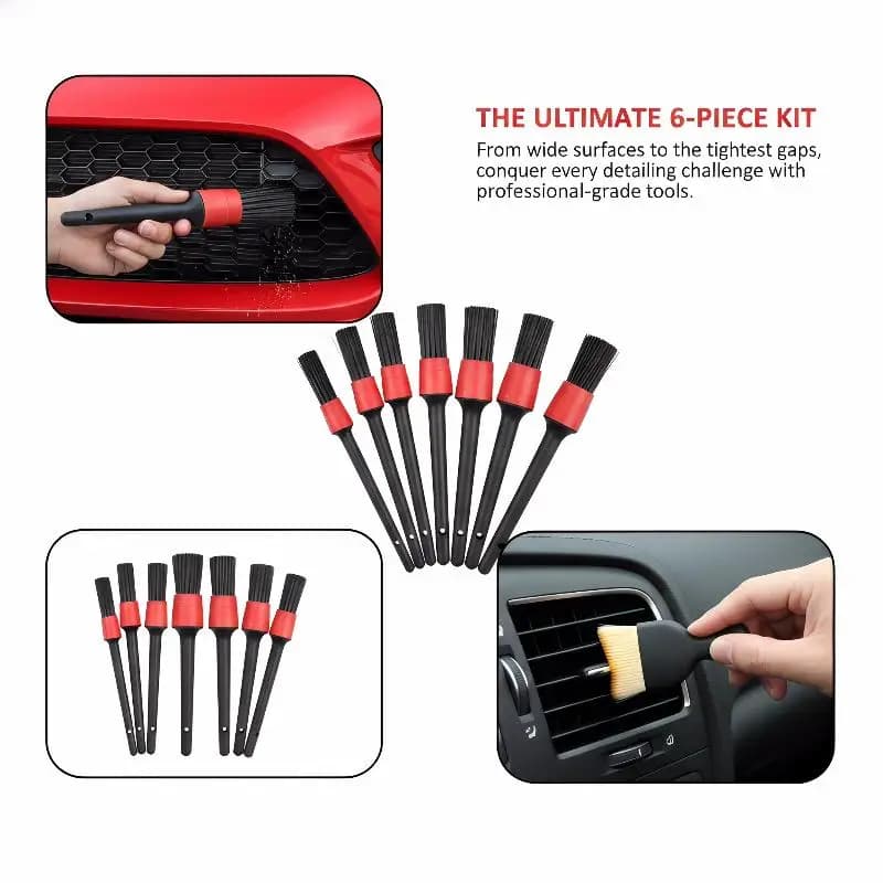 Kit di pulizia da 6 pezzi, set di spazzole per la pulizia dell'auto, spazzola per la pulizia in fibra, utilizzata per la pulizia delle ruote, delle prese d'aria del cruscotto, del motore