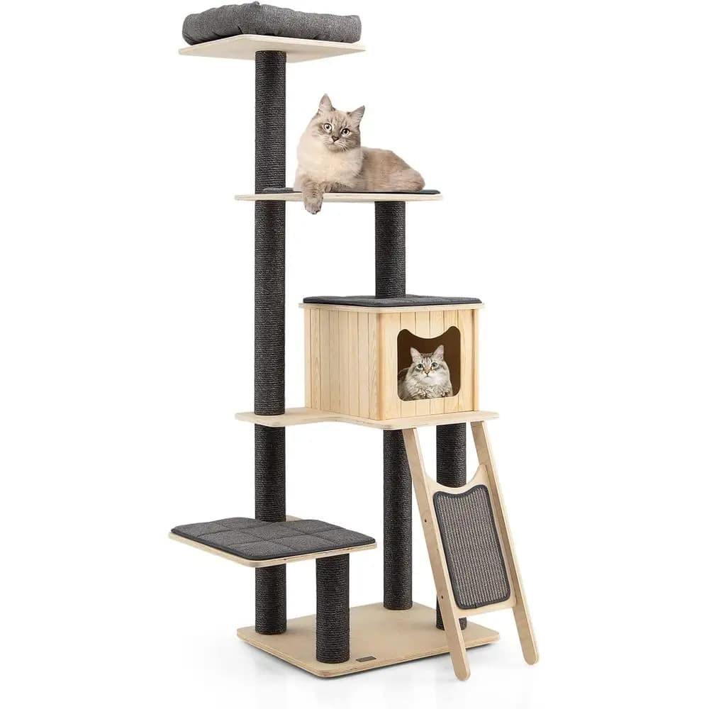 Torre per Gatti in Legno Alta 69 Pollici con Pali in Sisal, Cuccia e Posatoio per Gatti da Interno, Grigia