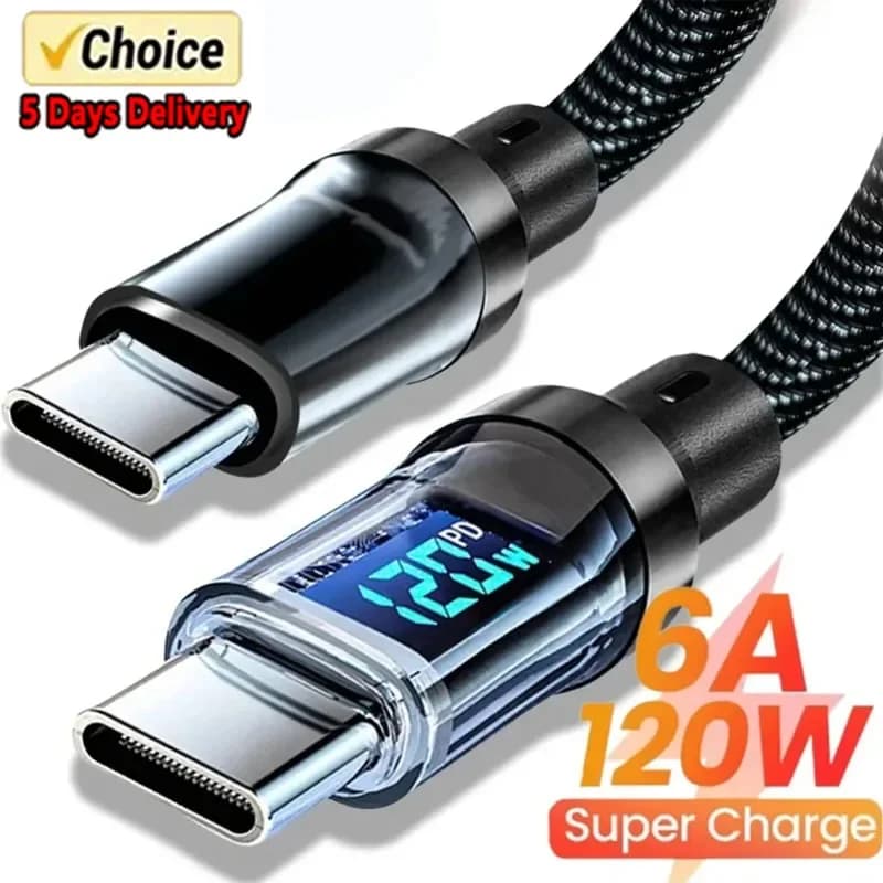 Cavo USB Type C 6A con Display LED Digitale, Ricarica Rapida 120W, Cavo Dati in Nylon per iPhone, Xiaomi, Samsung