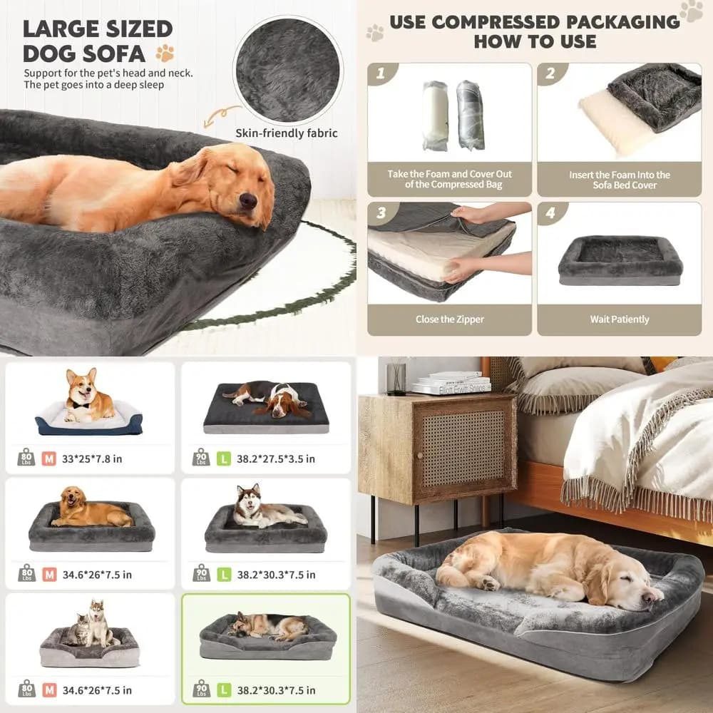 Letto per cani grande XL impermeabile con rivestimento lavabile rimovibile, supporto in schiuma felpata, grigio