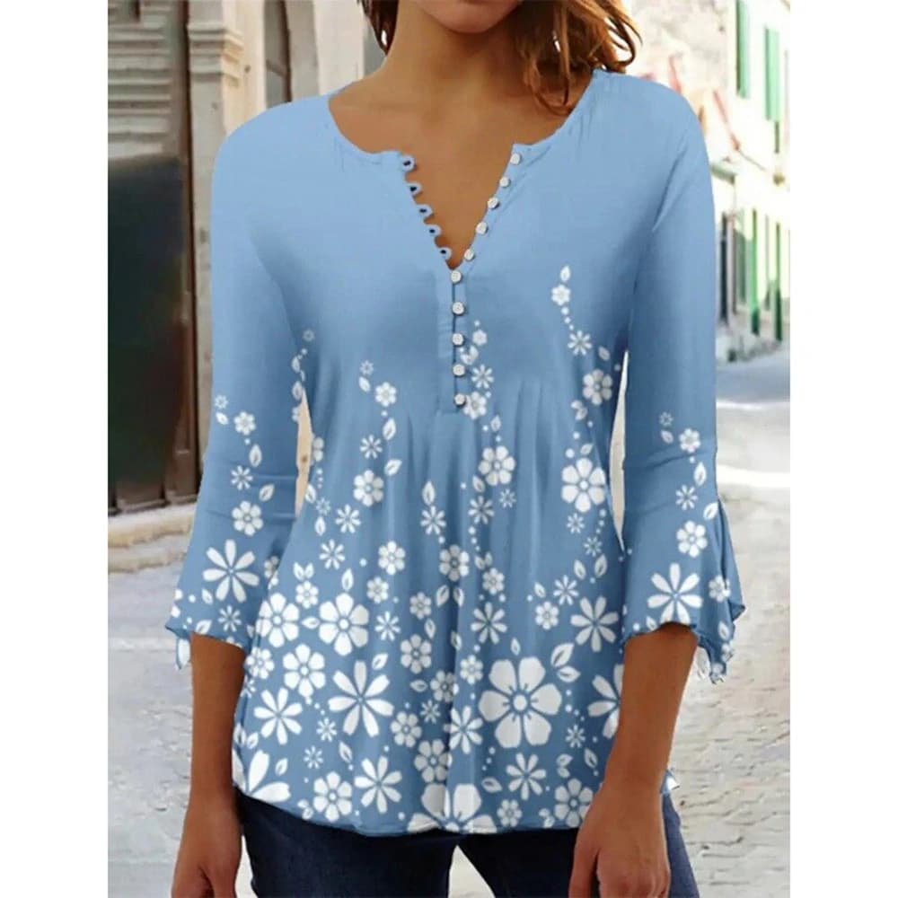 T-shirt abbottonata con scollo a v da donna Street Trend Top Fashion scollo a v abbigliamento t-shirt da donna stampata Casual tutto t-shirt