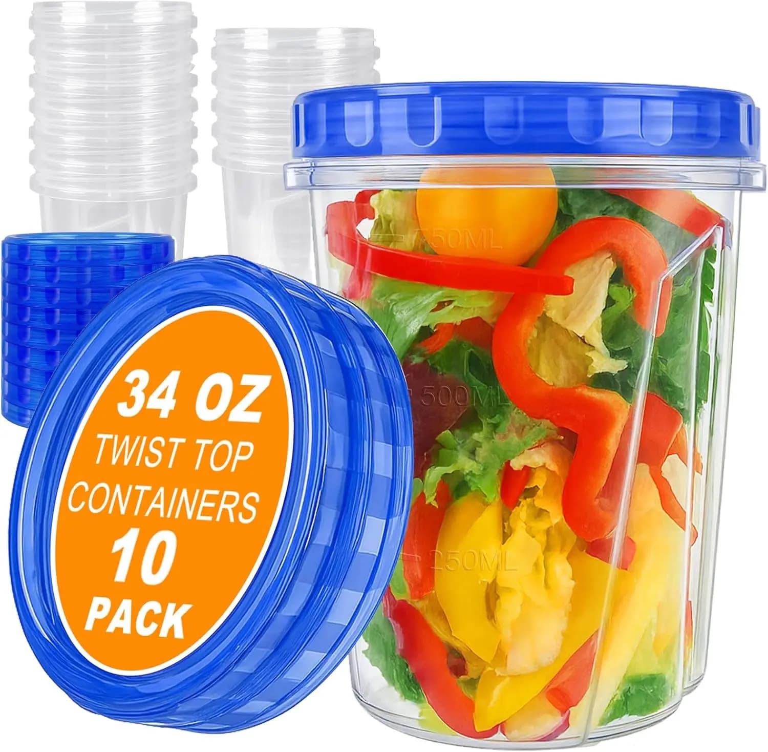 10 Pack 34oz Reusable Freezer Food Storage Containers with Twist Top Lids, Airtight Plastic Meal Prep Food Containers for Leftov