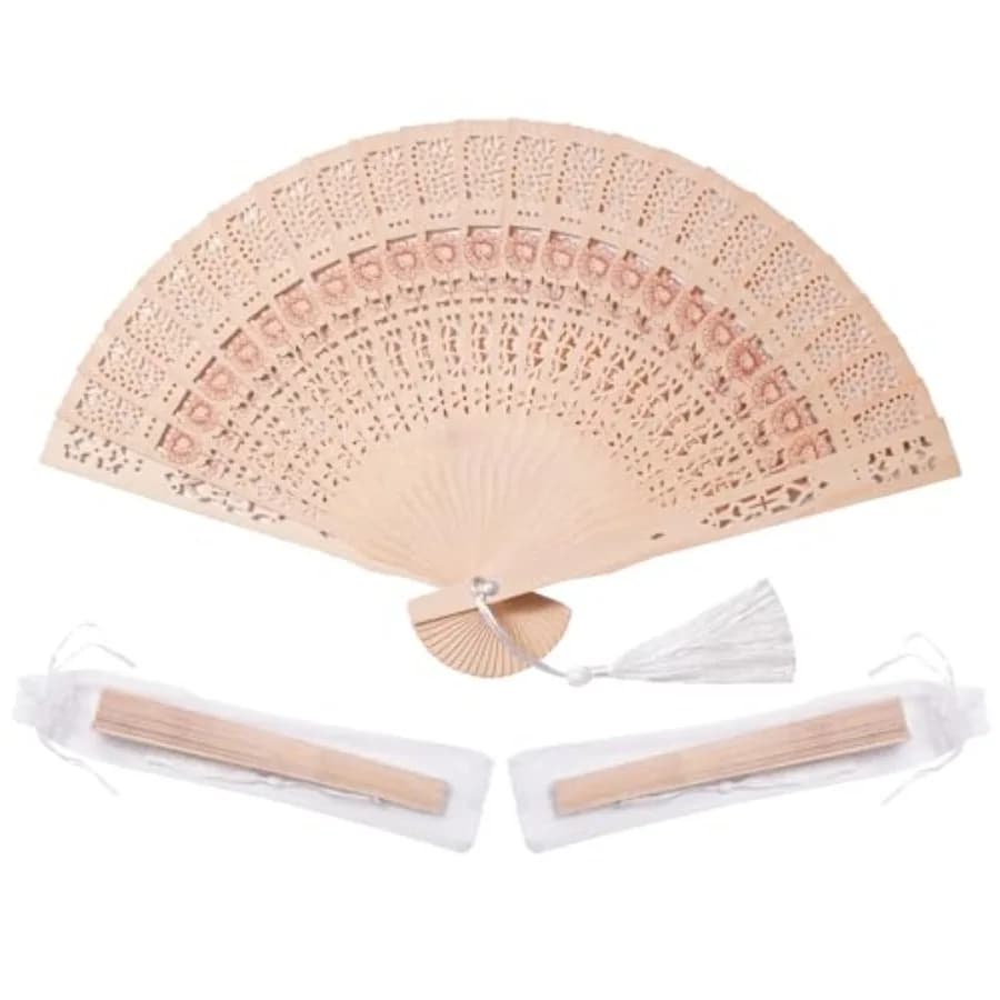 50 Set di Ventagli in Legno per Baby Shower con Sacchetti in Organza e Nappe, Ventaglio Pieghevole in Legno con Motivo Girasole