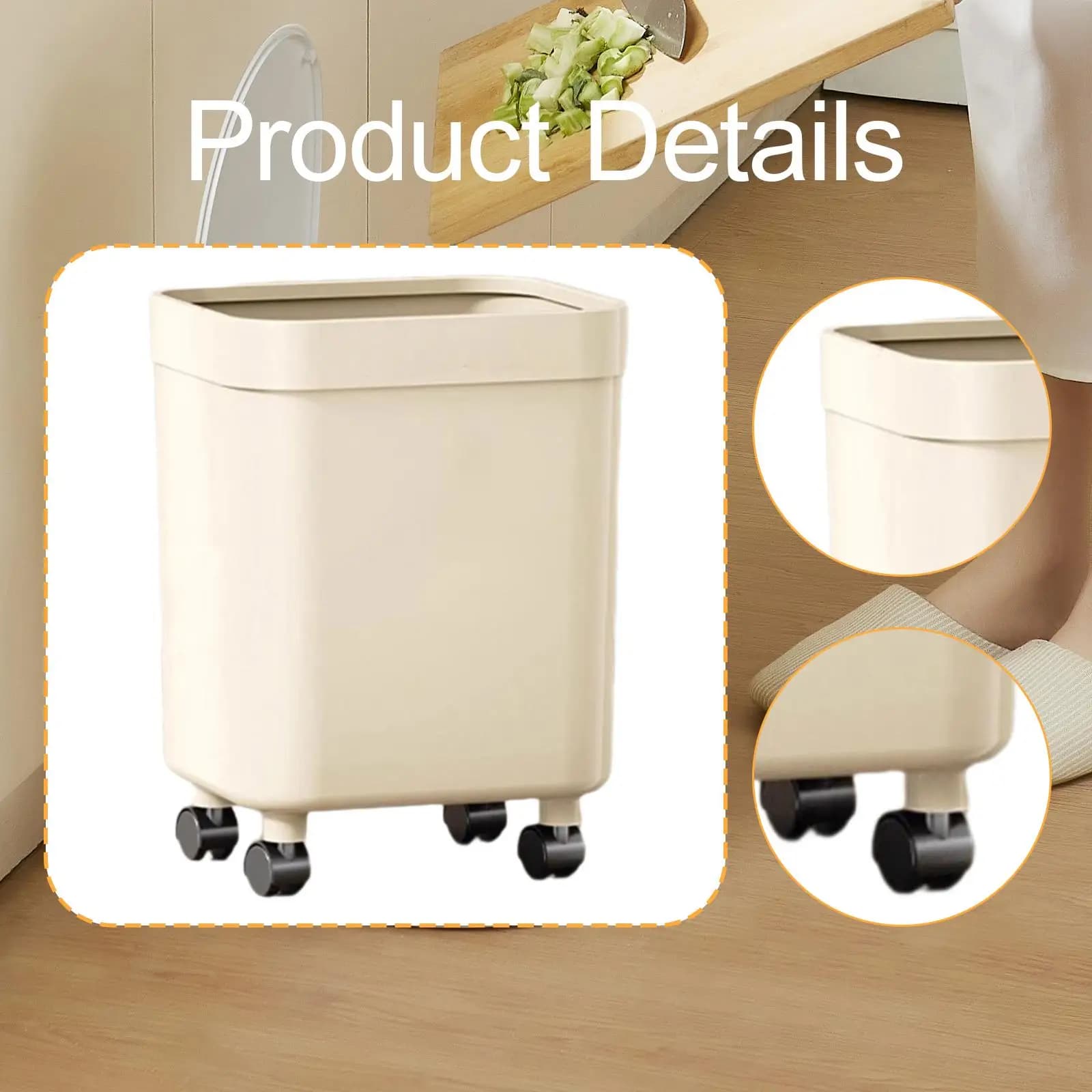 Trash Can with Wheels Rectangular PP Storage Bucket Practical Rubbish Bin for Indoor Household Use