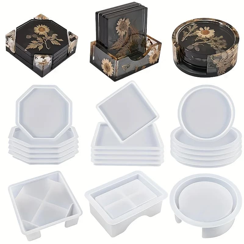 Il set di stampi in resina per sottobicchieri include 1 stampo per scatola di immagazzinaggio sottobicchiere, 4 stampi per sottobicchieri in resina siliconica per resina epossidica, tappetini per tazze, fai da te Ar