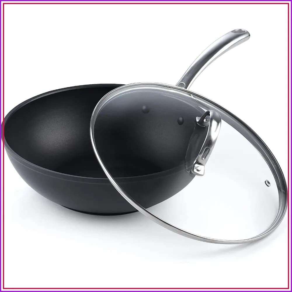 11 Inch Nonstick Wok Pan, Hard Anodized Deep Frying Pan, Flat Bottom for Stir Fry, Dishwasher & Oven Safe, Black