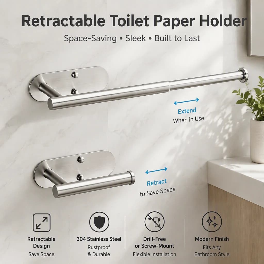Stainless Steel Adjustable Under Cabinet Paper Towel Holder, No Drill Kitchen Plastic Wrap Storage Rack with Towel Bar