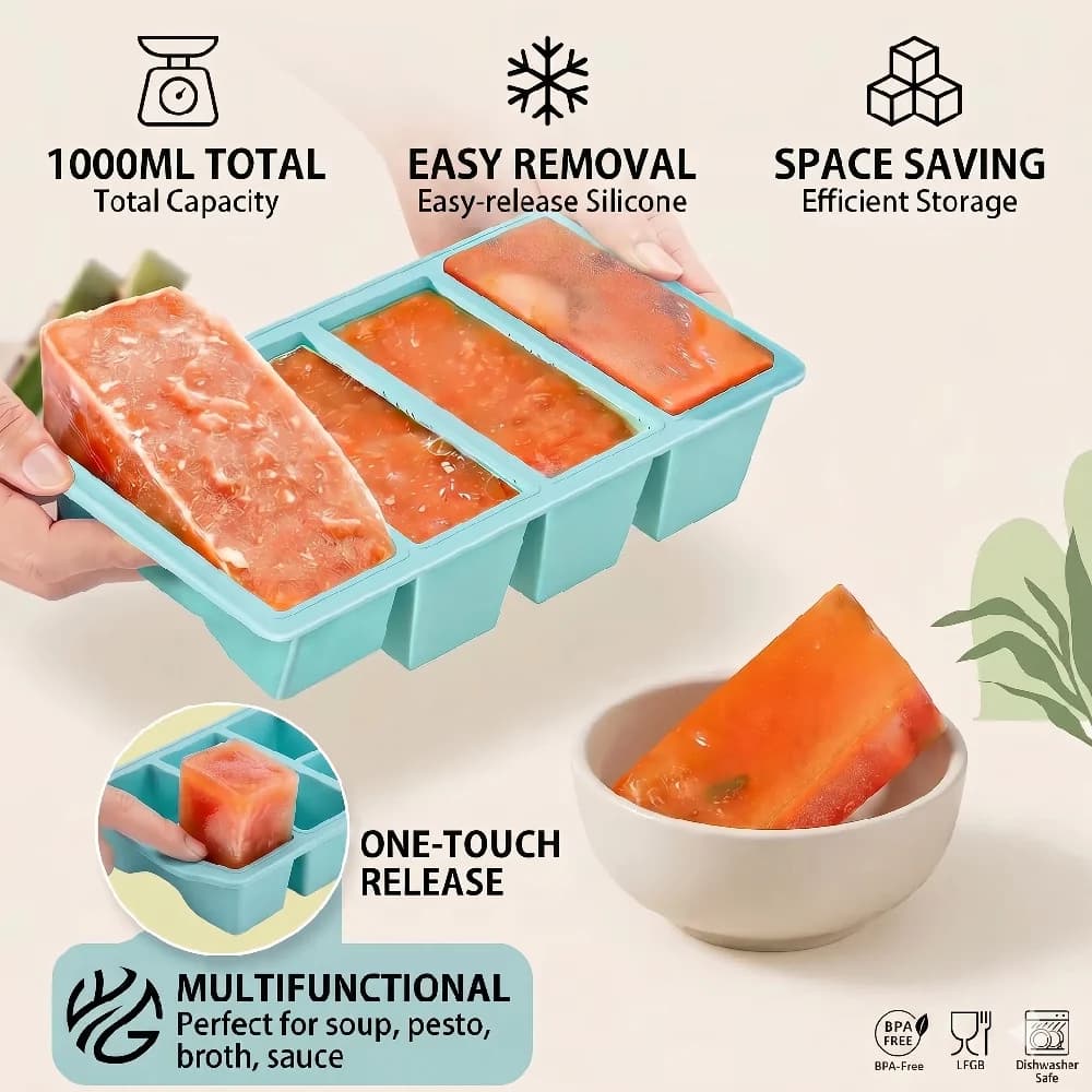 Contenitore in silicone da 1000ml per congelatore con coperchio, stampo per cubetti di ghiaccio a griglia singola da 250ml/500ml, contenitore per salsa senza BPA, porzionatore per alimenti