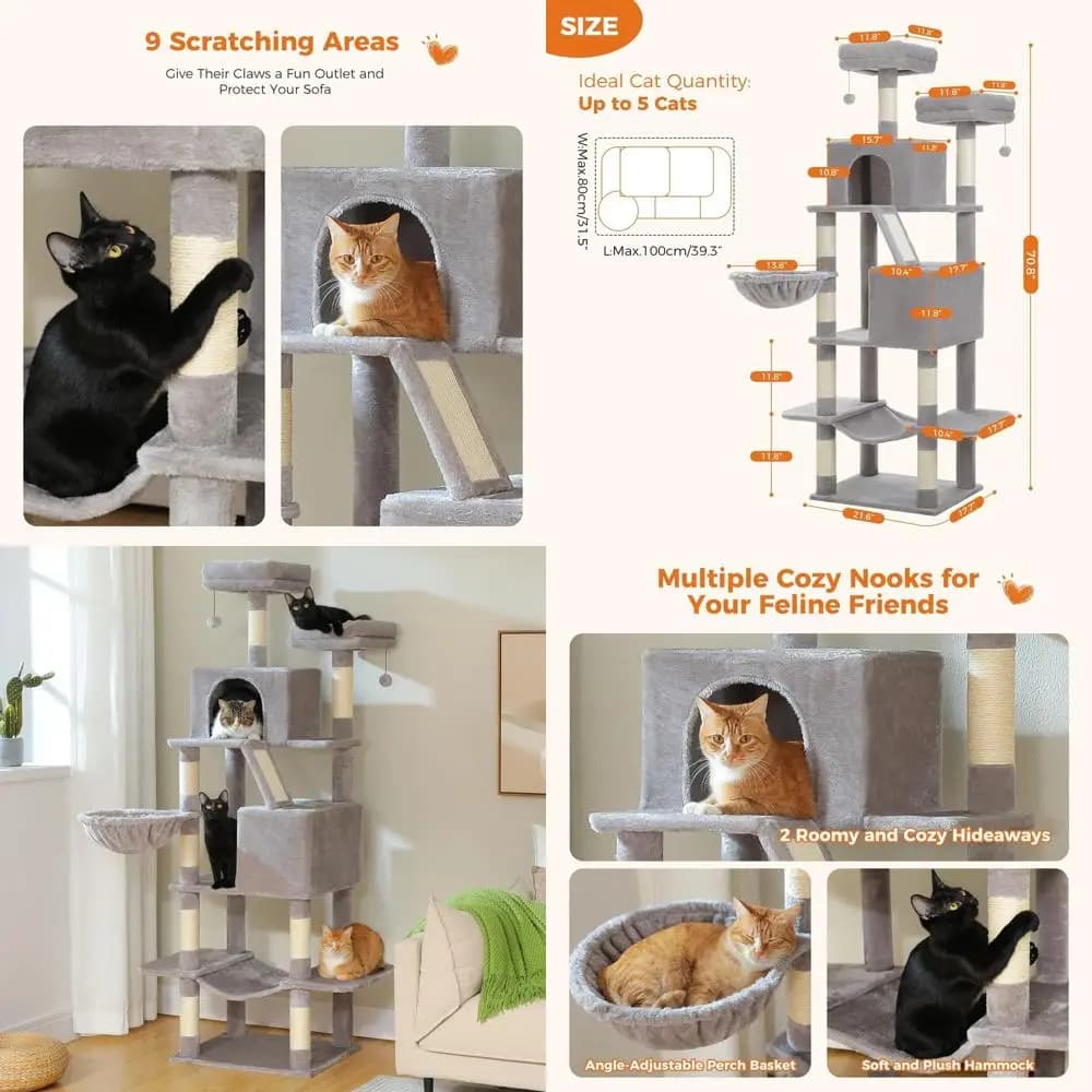 Albero per gatti multilivello da interno per gatti di grandi dimensioni: 70,8 alte con posatoi, Condo, amaca, tiragraffi, facile montaggio, grigio chiaro