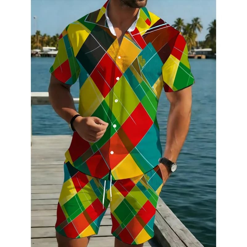 Men's Diamond Patterned Polyester Shirt Shorts Set Colorful No Texture Lightweight Durable Casual Beachwear for Summer