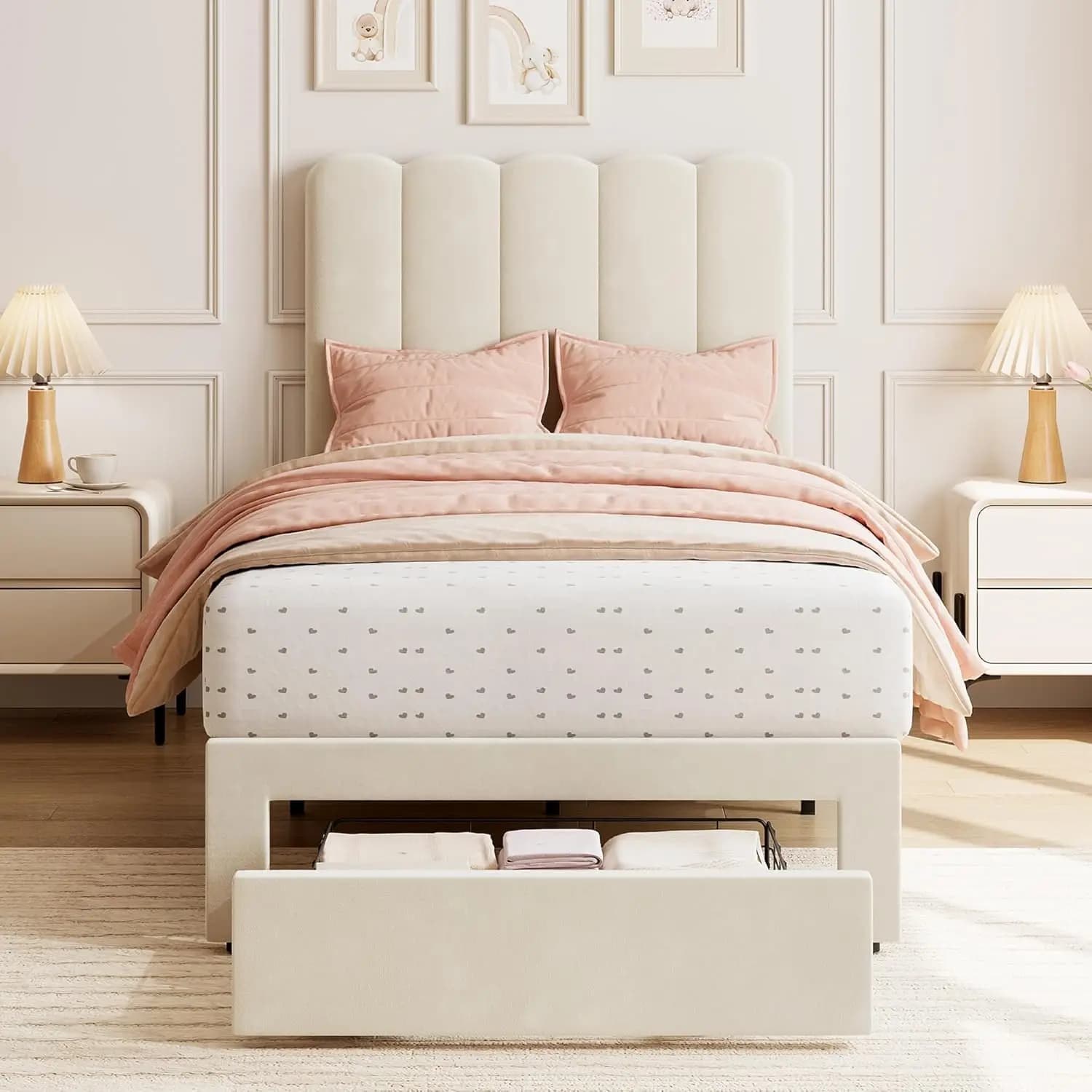 Letto singolo con cassetto sottoletto, letto imbottito con testiera a onda per bambini/ragazze, supporto con doghe in legno