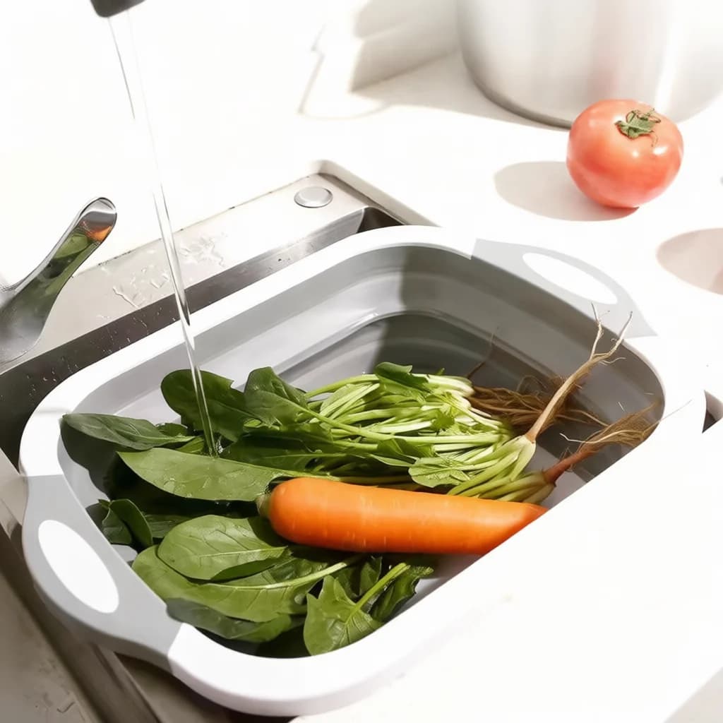 3 In 1 Kitchen Folding Chopping Board Portable Drain Basket Collapsible Cutting Block Space Saving Vegetable Washing Basin