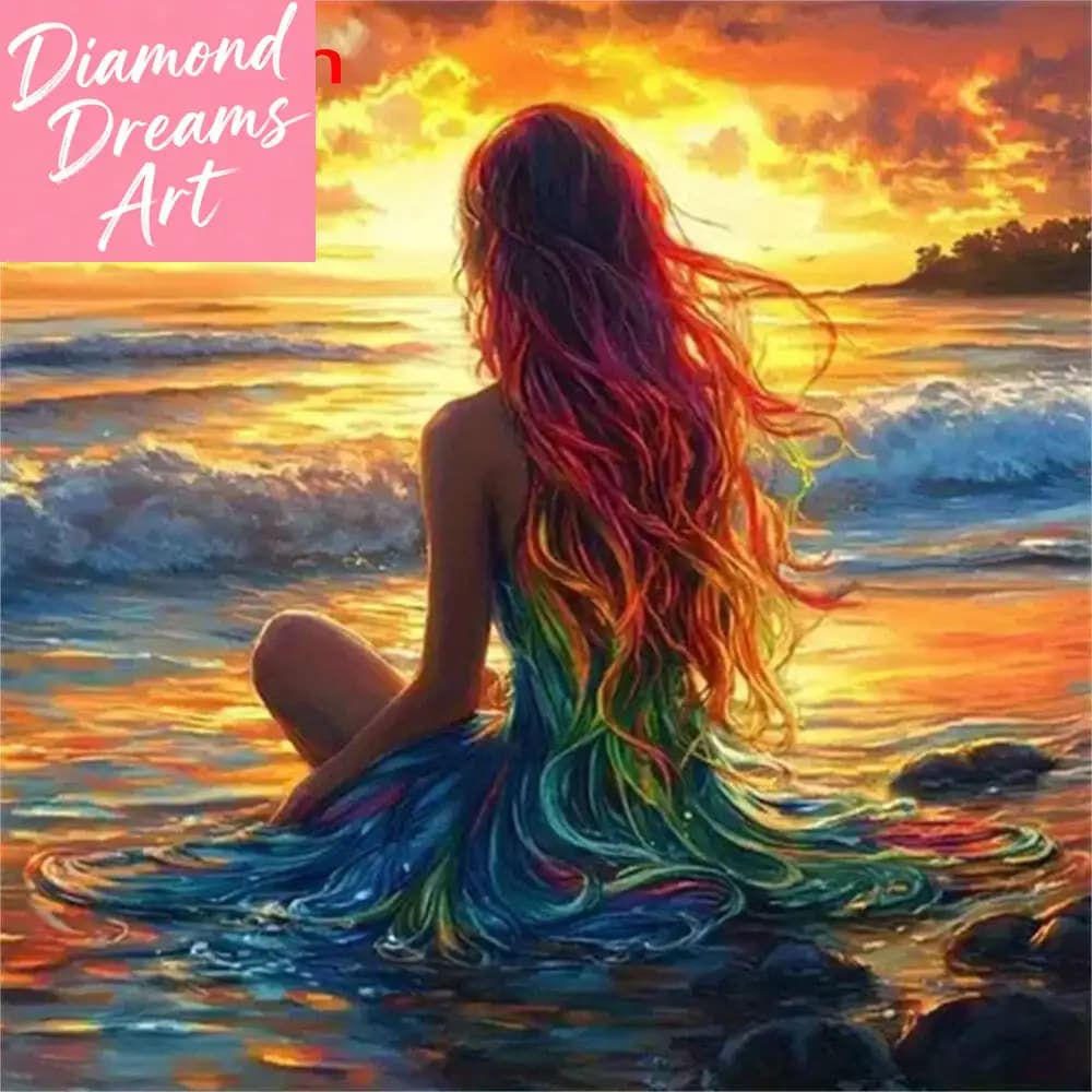 Dipinto Diamantato 5D Fai da Te Senza Cornice, Ragazza Bella Vista da Dietro al Tramonto sul Mare, Decorazione Murale Completa con Diamanti Quadrati o Rotondi, Nuovo Arrivo
