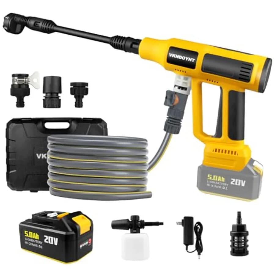 Idropulitrice Portatile Senza Fili con Connettore per Rubinetto e Tubo da Giardino, Batteria da 5.0Ah, 2000PSI MAX, con Spazzole