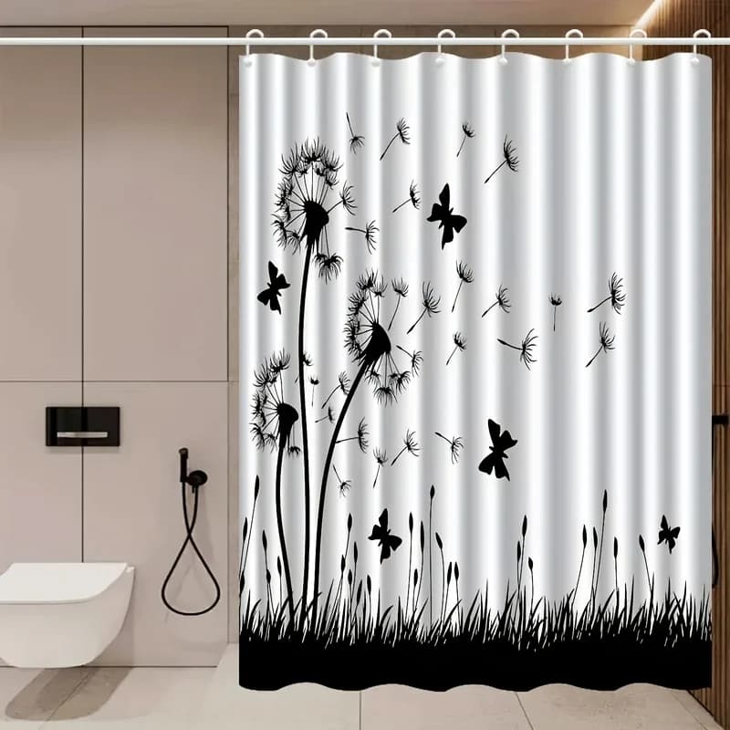 1pc Black & White Dandelion & Butterfly Botanical Shower Curtain - Machine Washable Polyester Bathroom Decor with Wave Fold Top,