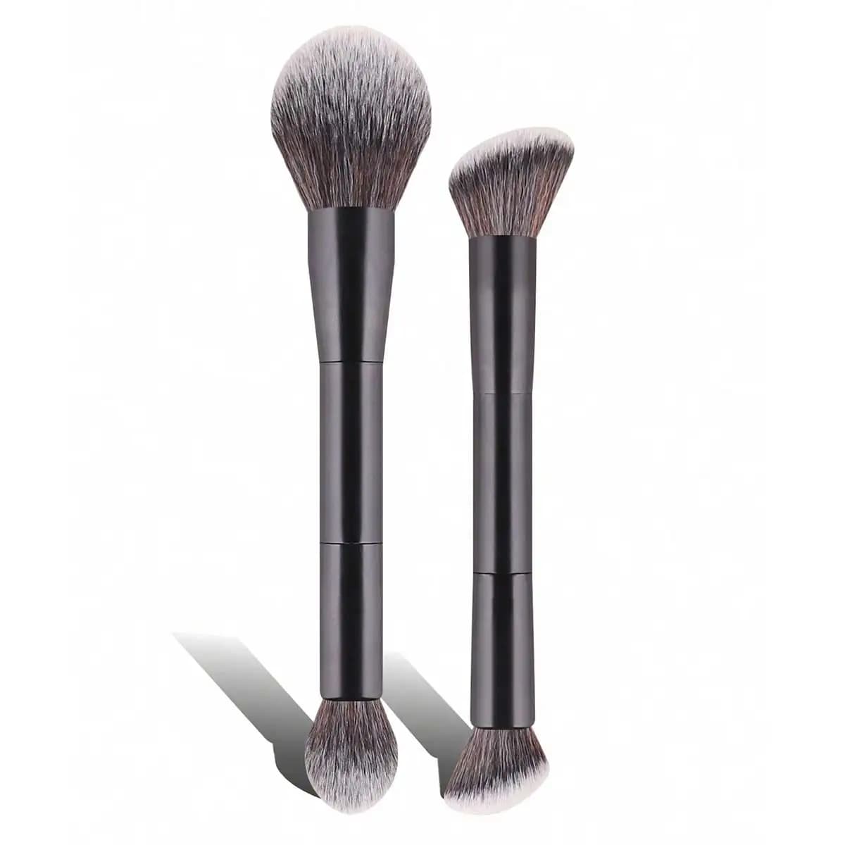 Set di pennelli professionali per trucco viso a doppia estremità da 2 pezzi, pennello per cipria e pennello per fard, fibre morbide, portatili, strumenti per trucco da viaggio, fondente