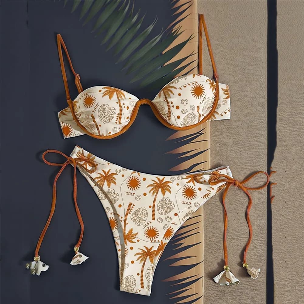 Sun Leaf Print String Shell Bikini Set De Mujer 2026 Push Up Sexy swimsuit Woman Summer Swimwear Brazilian Biquini Bikini