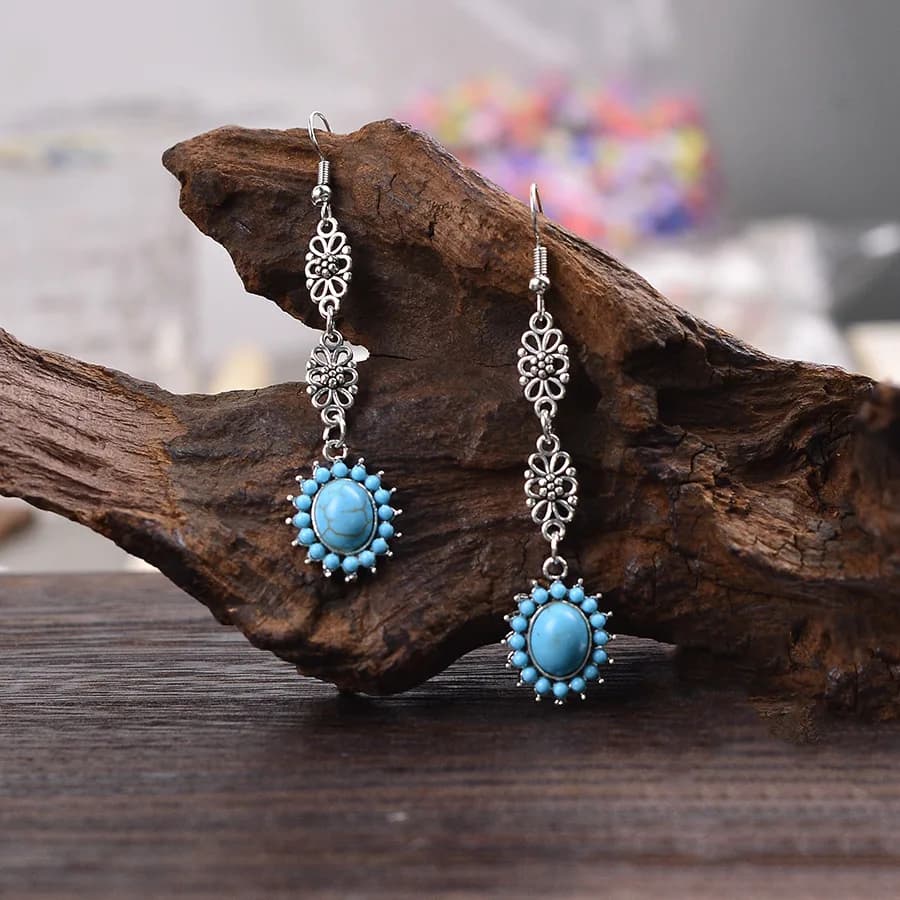 DIY accessories Retro ethnic style hollow flower turquoise pendant earrings women's elegant temperament long fringed ear jewelry
