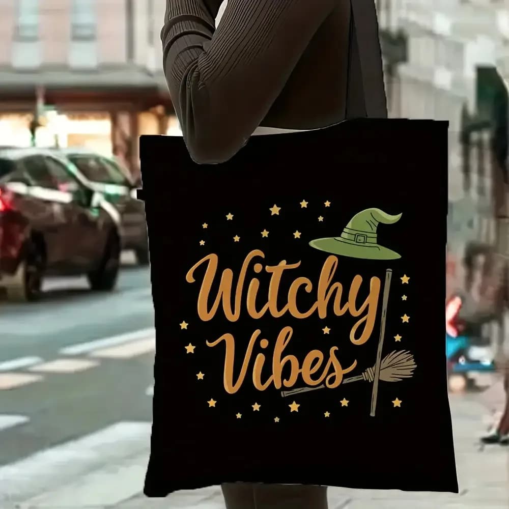 Witchy Vibes Tote Bag Witch Hat Broom Canvas Tote Bag Reusable Shopping Bag Halloween Gift For Women