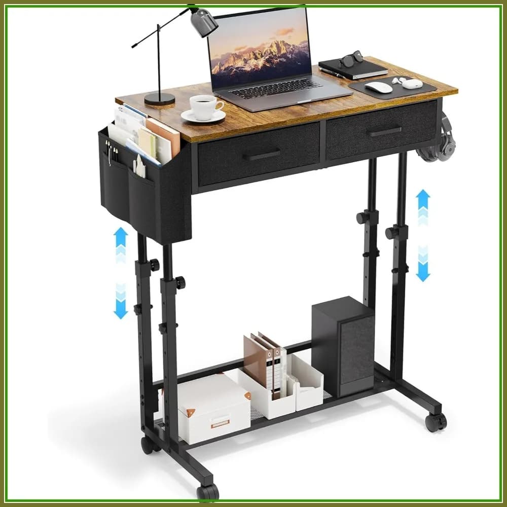 Piccola Scrivania Mobile con Ruote, 2 Cassetti in Tessuto e Ripiano Portaoggetti, Tavolino Portatile per Laptop da Divano per Casa e Ufficio