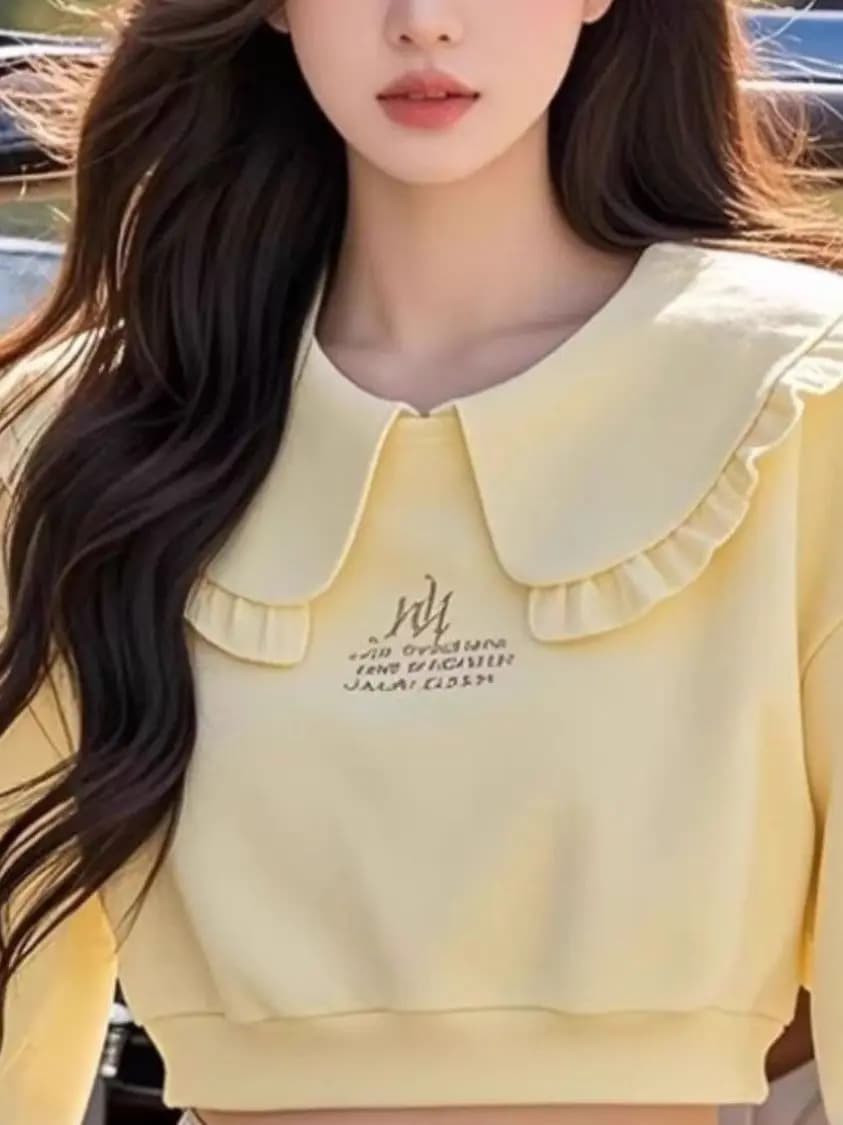 Felpa Corta Gialla con Colletto a Bambola, Top Donna alla Moda Unico per Primavera Autunno, Stile Coreano, Interno in Cotone Traspirante