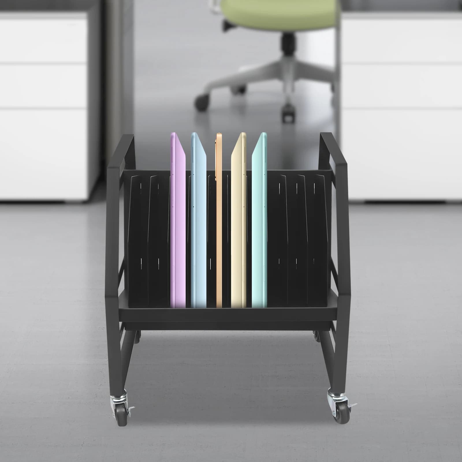 Stazione di ricarica aperta per laptop e tablet a 10 posizioni, carrello di archiviazione mobile, carrello di ricarica mobile per tablet