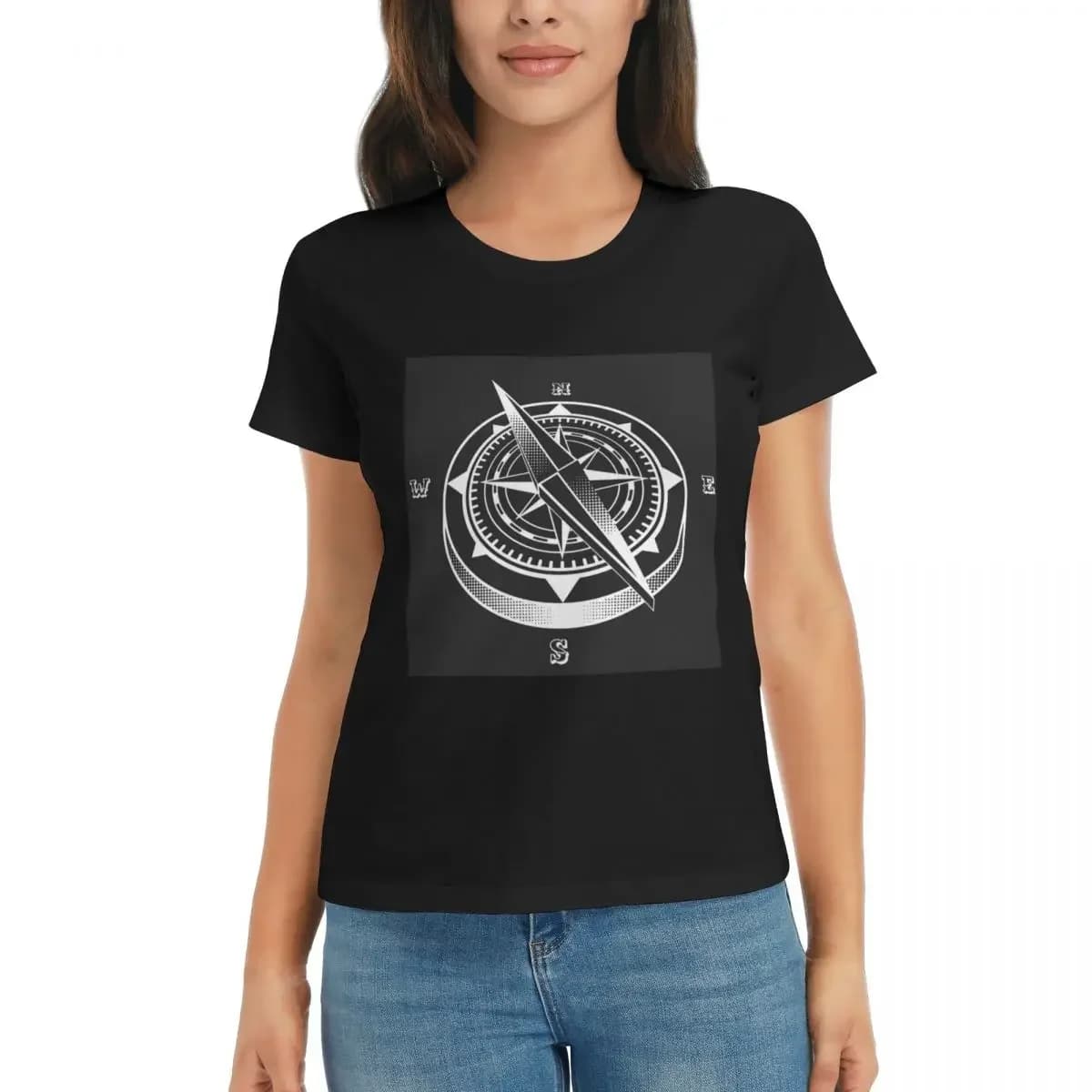T-shirt da donna con bussola nautica, ancora e barca, estiva a maniche corte, girocollo, in cotone, abbigliamento streetwear