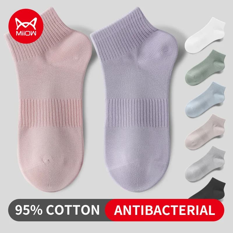 MiiOW 5 paia di calzini bassi da donna Set di calzini da barca traspiranti antibatterici in cotone per calzini da donna morbidi comodi e casual da donna