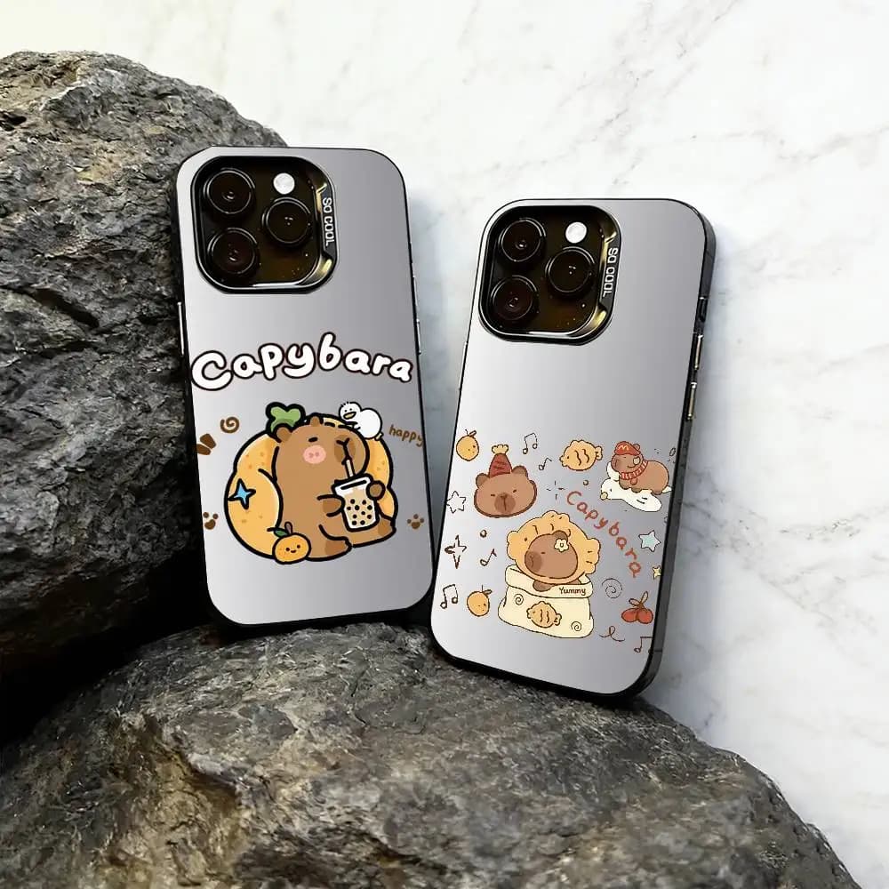 Custodia per telefono con illustrazione Capibara per iPhone 17, 16, 15, 14, 13, 12, 11 Plus, Pro Max, XS, Cover colorata argento