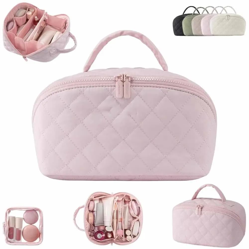 Borsa per il trucco portatile da donna ampia aperta Borse per il trucco per festivalamenti resistenti all'acqua e piatte Borse da toilette per articoli da toeletta e pennelli