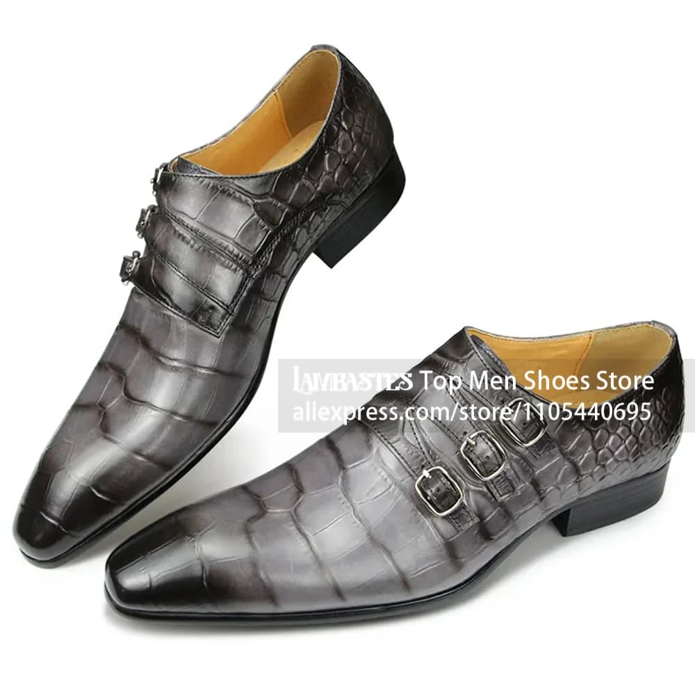Gray Crocodile Embossed Triple Monk Shoes Charcoal Burnished Croc Skin Buckle Formal Leather Shoes Grey Gradient Business Shoes