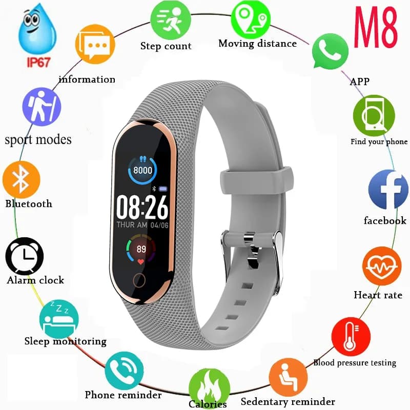 2023 nuovo braccialetto intelligente M8 frequenza cardiaca/sonno/monitoraggio dell'ossigeno nel sangue pedometro per esercizi Bluetooth Photo Call promemoria Watch