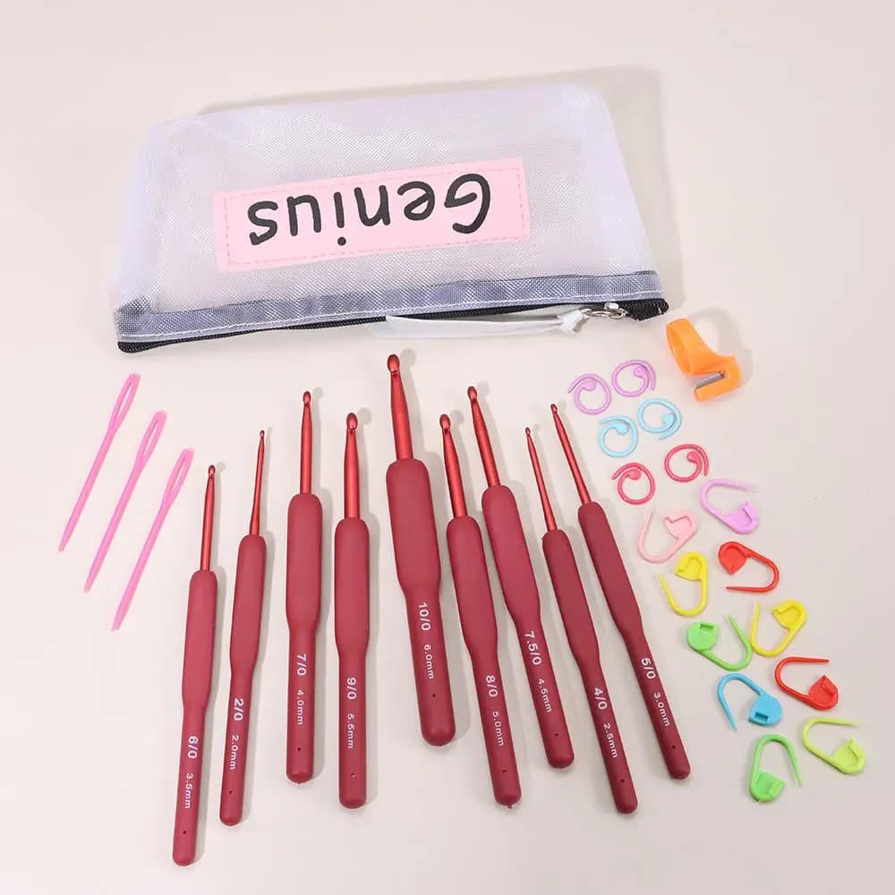 1 set/9 pezzi manico ergonomico rosso ferri da maglia antiscivolo tessuto filato strumenti artigianali uncinetti