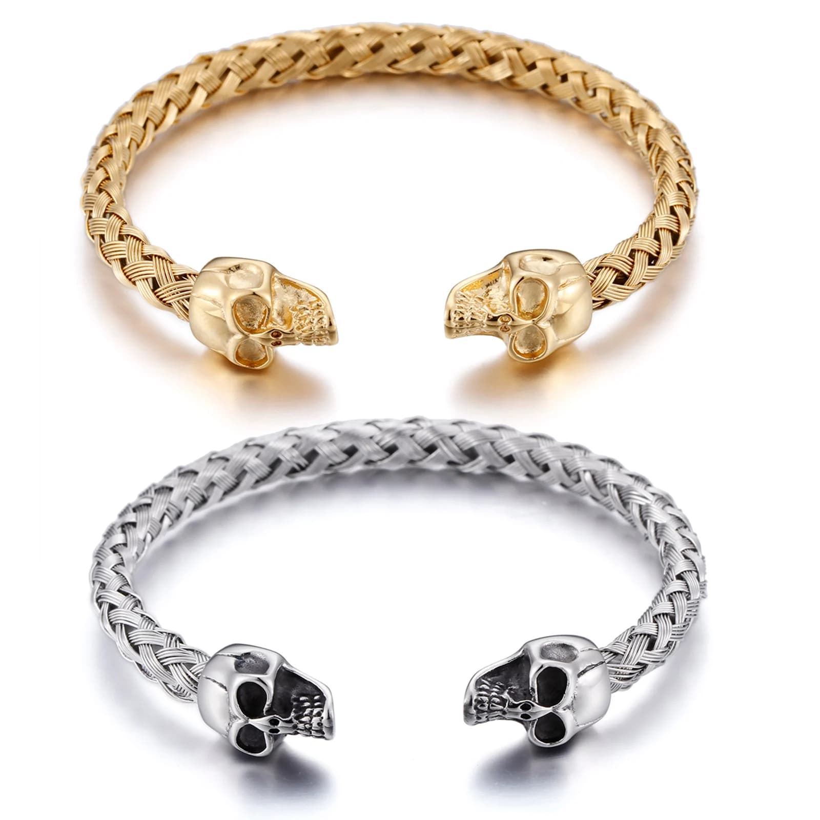 Double Skull Head Braid Bangle Men 316L Stainless Steel Jewelry Silver Gold Color