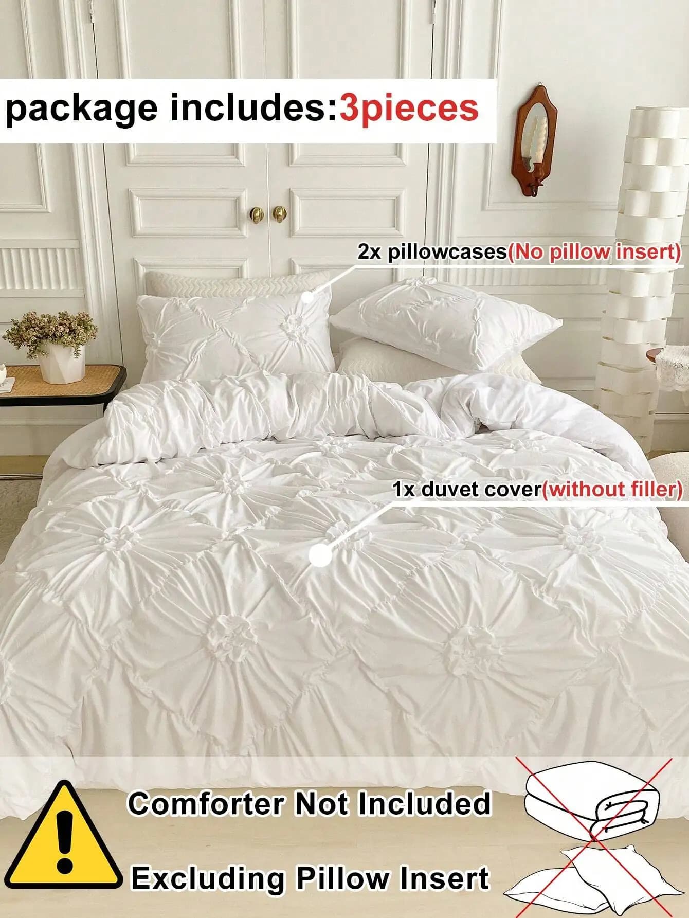 Set Copripiumino Bianco in Poliestere con Fiori Arricciati e Federe, 3 Pezzi, per Tutte le Stagioni