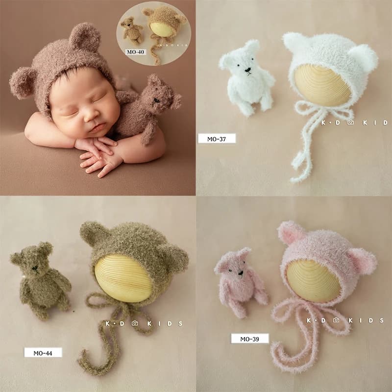 Cute Baby Bear Hat Doll peluche regolabile Cap Infant Bear Toy decorazione fotografica puntelli per fotografia neonato accessori per riprese in Studio