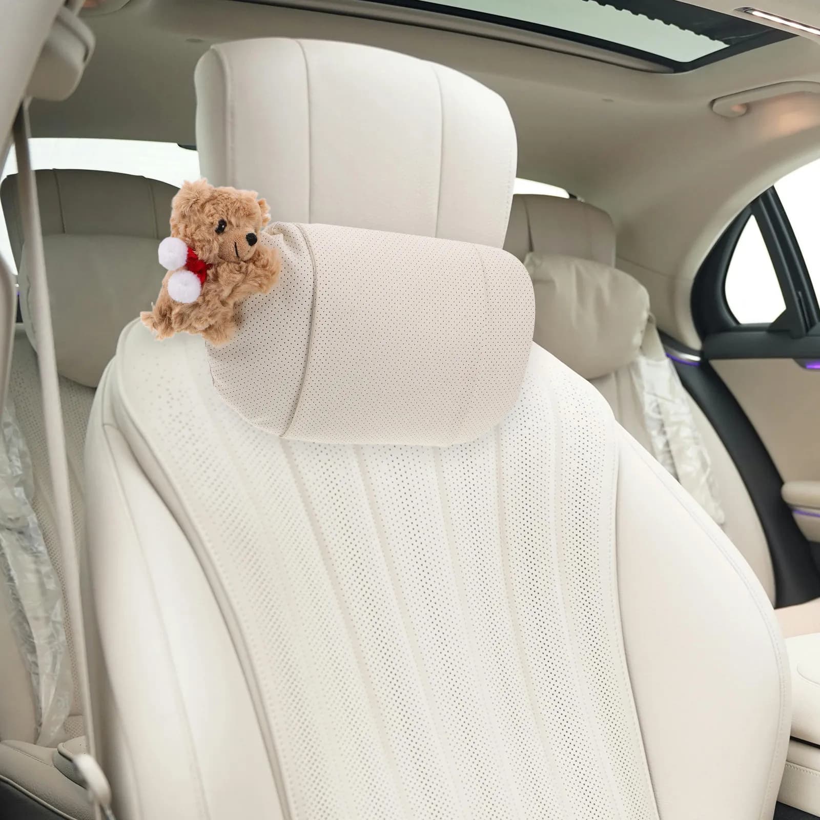 Car Headrest Pillow White Ergonomic Neck Rest Cute Bear Design Travel Driving Office Chair Neck Support Cushion Women